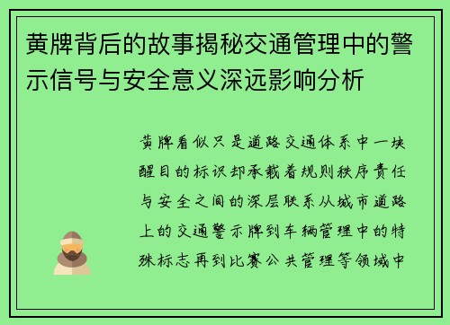 黄牌背后的故事揭秘交通管理中的警示信号与安全意义深远影响分析